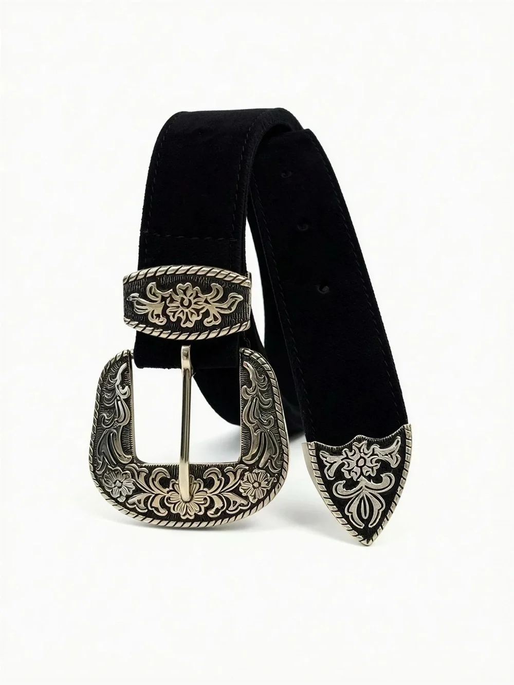 Women’s Black Belt with Ornate Silver-Tone Western Buckle Size 46.5 inches